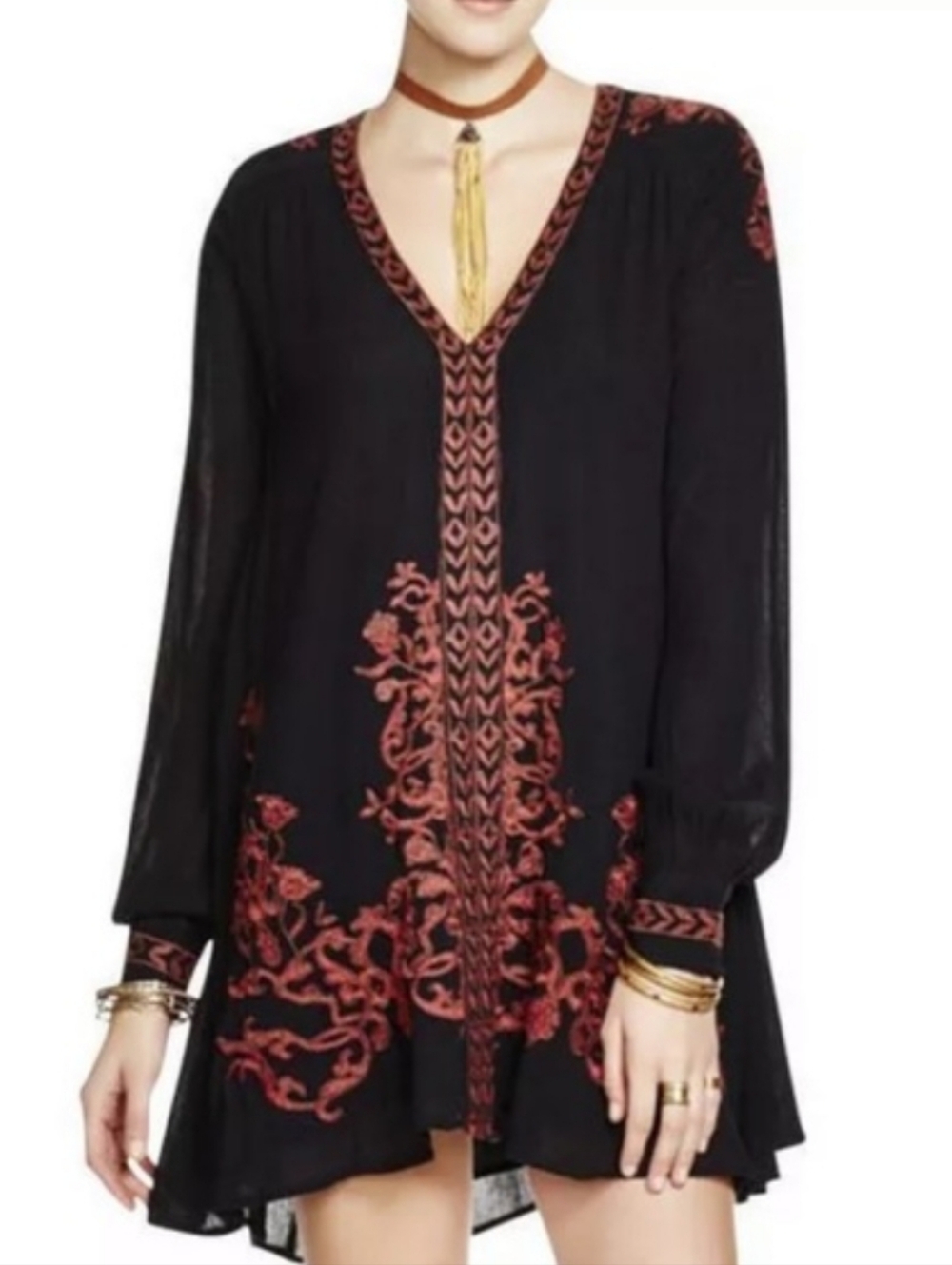 FREE PEOPLE BLACK BOHO EMBROIDERED TUNIC SWING MINI DRESS SMALL